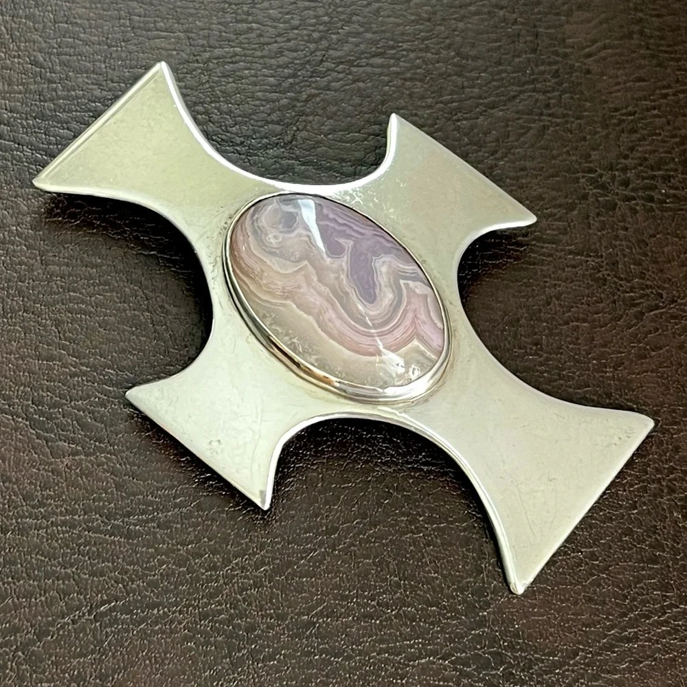 Large vintage sterling silver cross brooch pin with lace agate stone